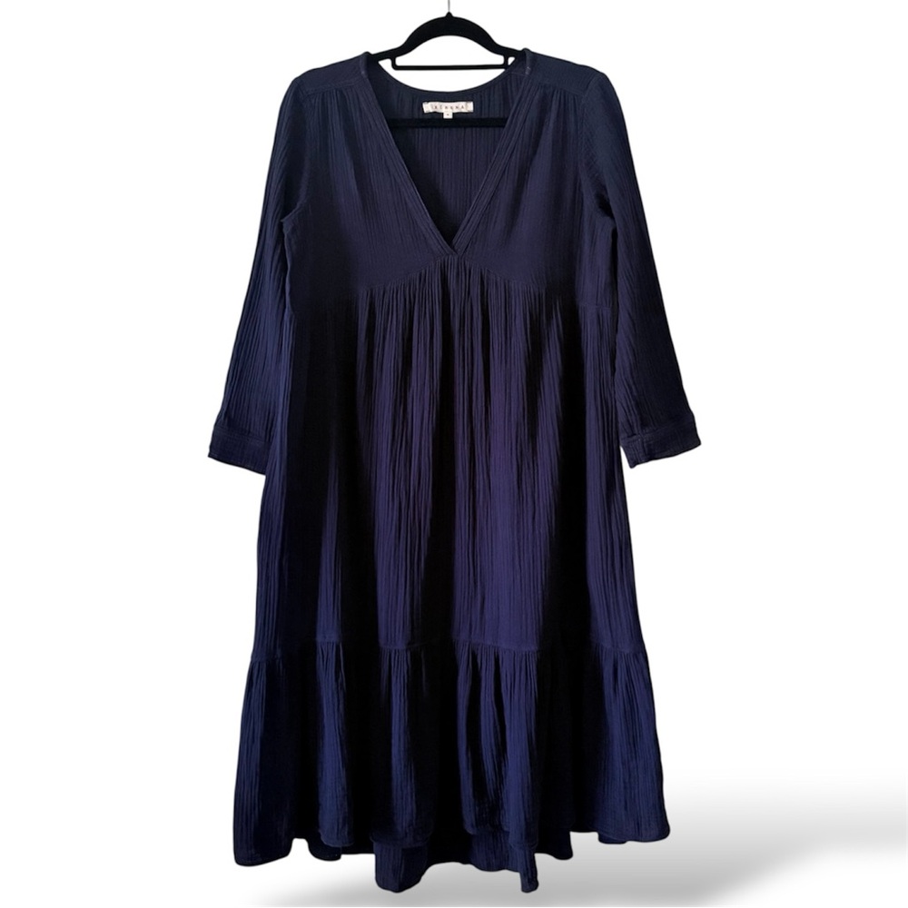 XiRENA Navy Gauze Cotton Crinkle Dress Size Small Boho V-Neck Tiered Midi - Picture 3 of 9